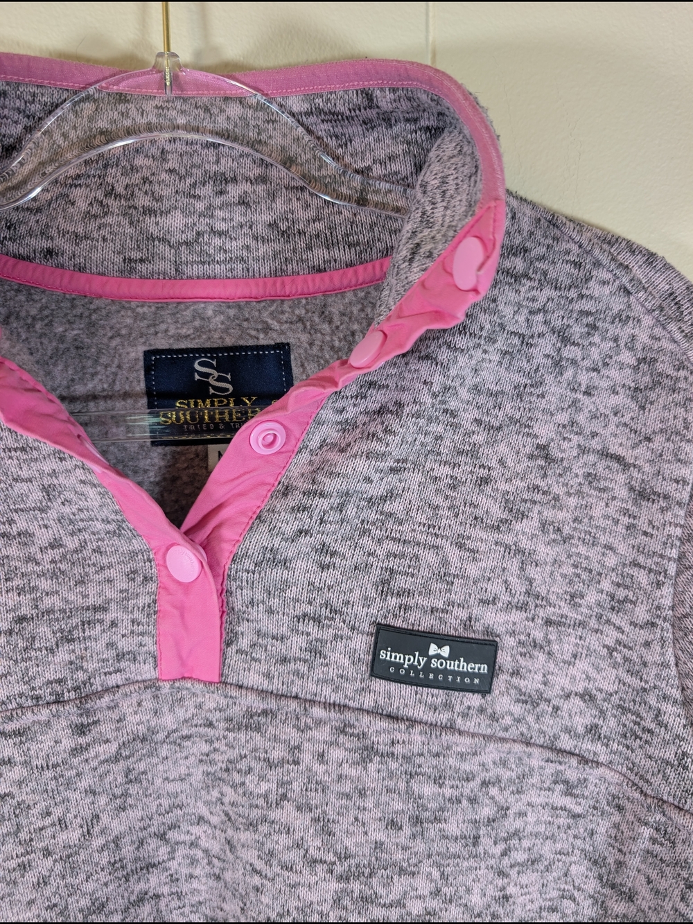 Simply Southern Pullover Womens Medium Gray Pink Snap Fleece Quarter Button Cozy